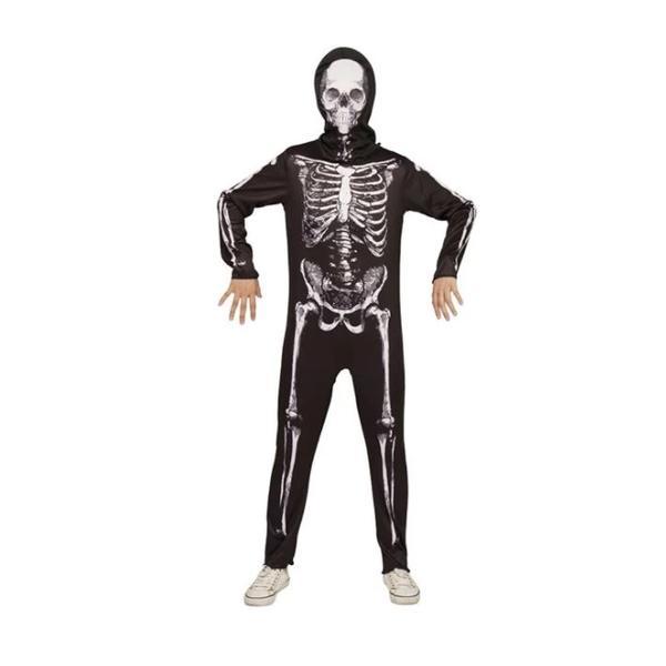 Costum intreg pentru deghizare baieti in Schelet uman infricosator, la bal mascat, serbare sau petrecere Halloween, 10 ani, negru cu alb