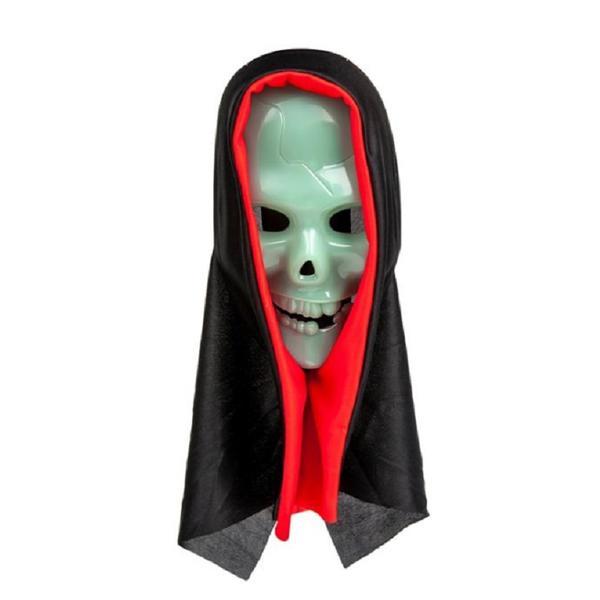 Masca deghizare cap de mort fosforescenta la intuneric si cu acoperitoare neagra, pentru costumatie de Halloween