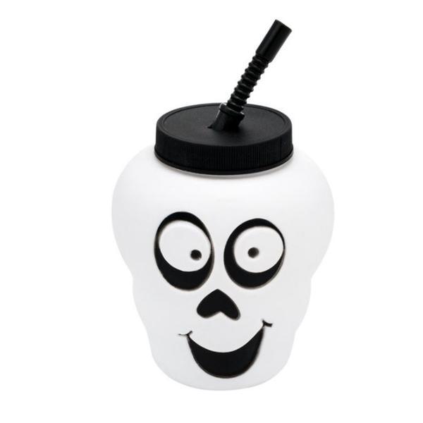 Pahar in forma de fantoma hazlie, cu pai si capac, pentru petrecere Halloween, 11x7 cm, alb cu negru