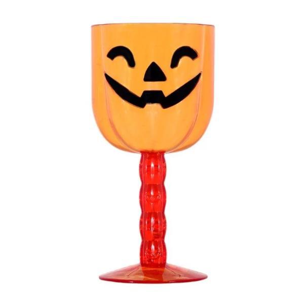 Pahar cu picior, din plastic, design dovleac cu zambet in forma de liliac, pentru petrecere horror Halloween, 18 cm, portocaliu cu negru