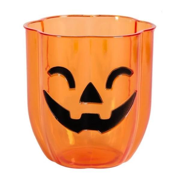 Pahar pentru shot-uri, din plastic, design dovleac cu zambet in forma de liliac, pentru petrecere horror Halloween, 10 cm, portocaliu cu negru