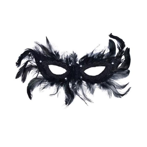 Masca fantezista neagra, decorata cu pene si fulgi, accesorii pentru costumatie de Carnaval, Halloween sau Bal mascat, marime universala, Topi Dreams