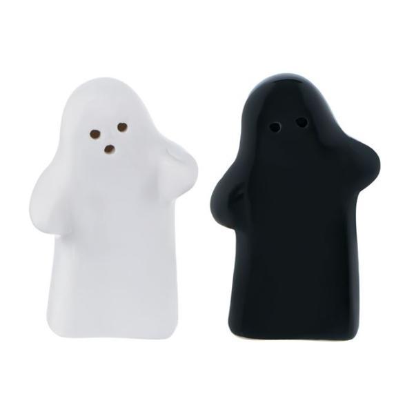 Set 2 recipiente pentru sare si piper, solnita si pipernita, design fantoma 3D, pentru petrecere horror Halloween, 90 ml, alb cu negru, Topi Toy