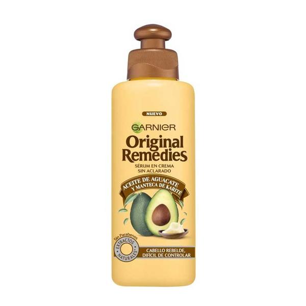 Crema de Par Anti-Frizz Fara Clatire pentru Par Rebel - Garnier Original Remedies Serum en Crema sin Aclarado Aceite de Aguacate y Manteca de Karite Pello Rebelde, Dificil de Controlar, 300 ml