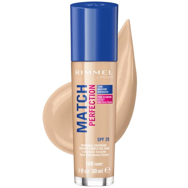 Fond de Ten - Rimmel London Match Perfection 24h Invisible Coverage SPF20, nuanta 100 Ivory, 30 ml