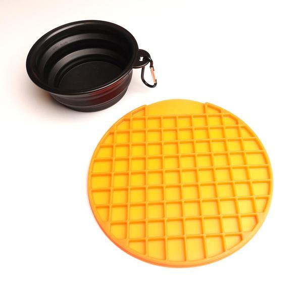 Set Covoras hranire rotund lick mat Oktane® pentru caini si pisici,si Bol portabil de calatorie pentru hrana animale, Oktane®, 350ml, pliabil, Negru