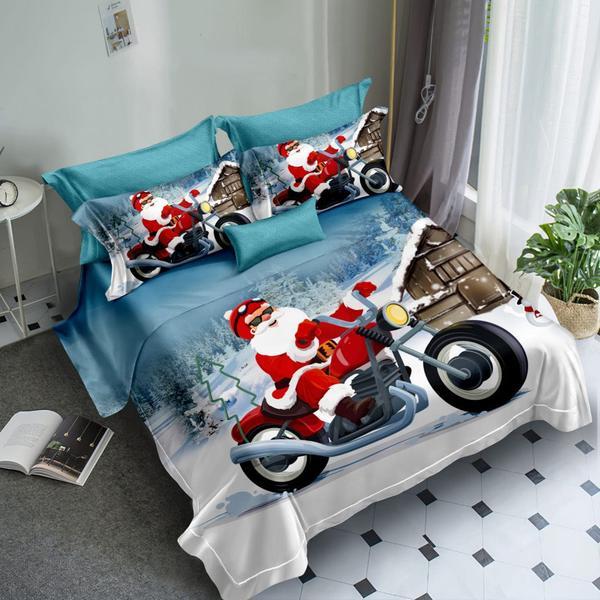 Lenjerie de pat 3D, finet, 6 piese, pentru pat 2 persoane, imprimeu mos craciun cu motocicleta