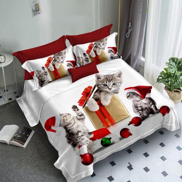 Lenjerie de pat 3D, finet, 6 piese, pentru pat 2 persoane, imprimeu pisicute