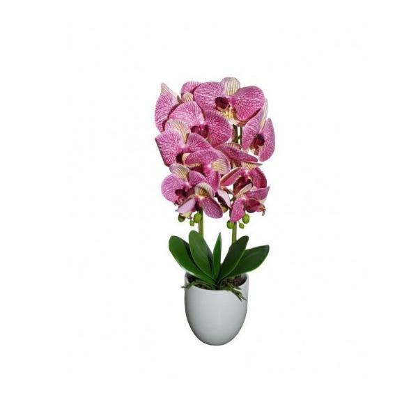 Orhidee artificiala decorativa cu 2 tije in ghiveci ceramic, 50 cm, Alb-Roz