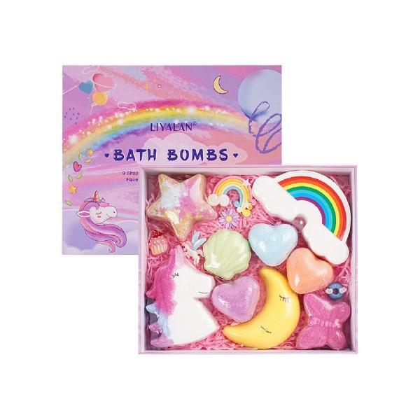 Set Bombe de baie efervescente pentru copii 9 forme colorate, LIYAL&#039;AN, Organice, Parfum de lunga durata 576g