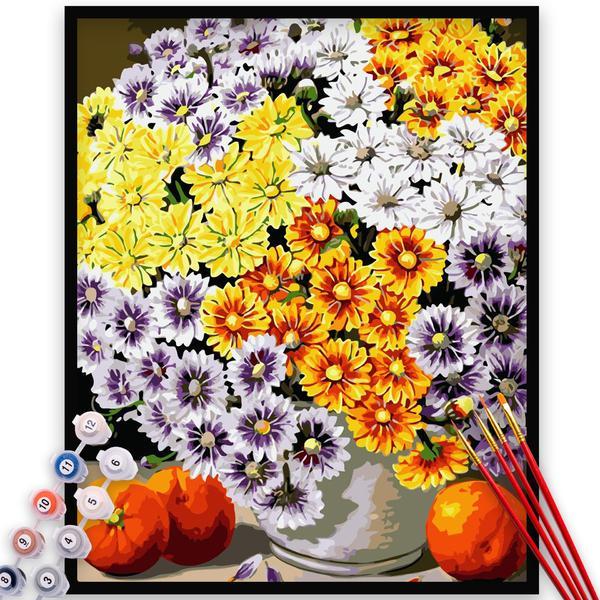 Kit Pictura pe numere, panza, rama lemn, pensule si culori acrilice, 40x50 cm, Flori, M752