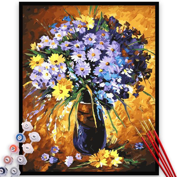 Kit Pictura pe numere, panza, rama lemn, pensule si culori acrilice, 40x50 cm, Flori, M738