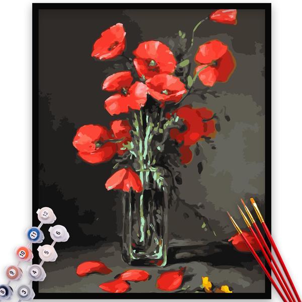 Kit Pictura pe numere, panza, rama lemn, pensule si culori acrilice, 40x50 cm, Flori, M736
