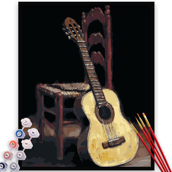 Kit Pictura pe numere, panza, rama lemn, pensule si culori acrilice, 40x50 cm, Muzica, M887
