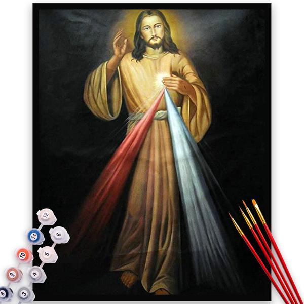 Kit Pictura pe numere, panza, rama lemn, pensule si culori acrilice, 40x50 cm, Religioase, M1474