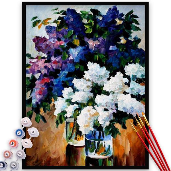 Kit Pictura pe numere, panza, rama lemn, pensule si culori acrilice, 40x50 cm, Flori, M614