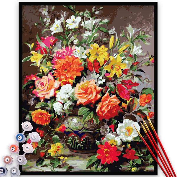 Kit Pictura pe numere, panza, rama lemn, pensule si culori acrilice, 40x50 cm, Flori, M691