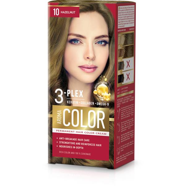 Vopsea Crema Permanenta - Aroma Color 3-Plex Permanent Hair Color Cream, nuanta 10 Hezelnut, 90 ml