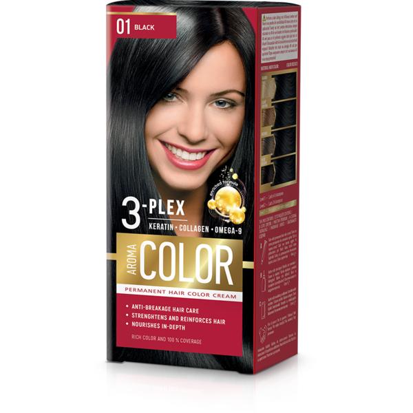 Vopsea Crema Permanenta - Aroma Color 3-Plex Permanent Hair Color Cream, nuanta 1 Black, 90 ml