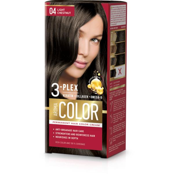 Vopsea Crema Permanenta - Aroma Color 3-Plex Permanent Hair Color Cream, nuanta 04 Light Chestnut, 90 ml