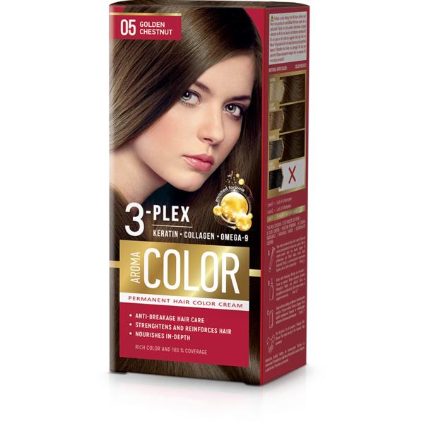 Vopsea Crema Permanenta - Aroma Color 3-Plex Permanent Hair Color Cream, nuanta 05 Golden Chestnut, 90 ml