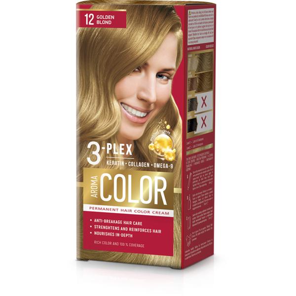 Vopsea Crema Permanenta - Aroma Color 3-Plex Permanent Hair Color Cream, nuanta 12 Golden Blond, 90 ml