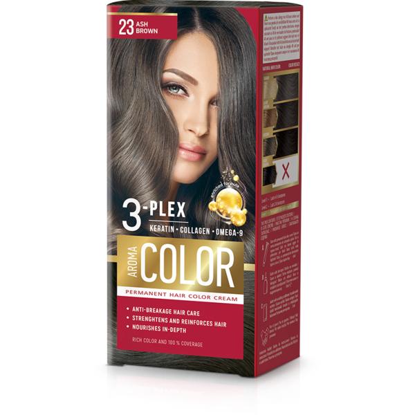Vopsea Crema Permanenta - Aroma Color 3-Plex Permanent Hair Color Cream, nuanta 23 Ash Brown, 90 ml