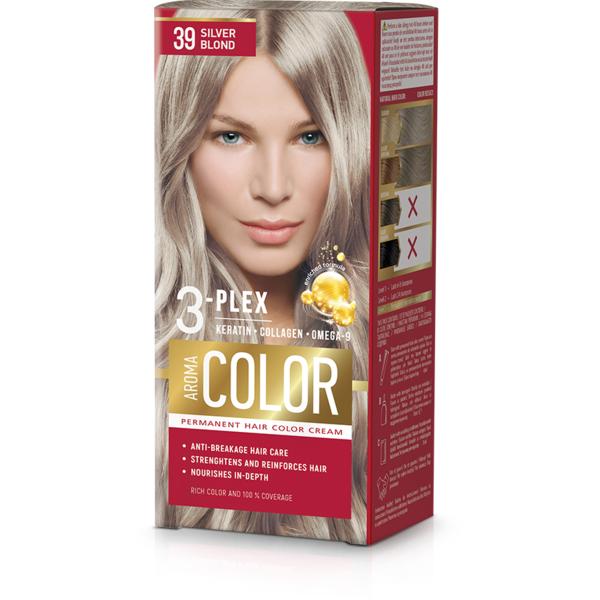 Vopsea Crema Permanenta - Aroma Color 3-Plex Permanent Hair Color Cream, nuanta 39 Silver Blond, 90 ml