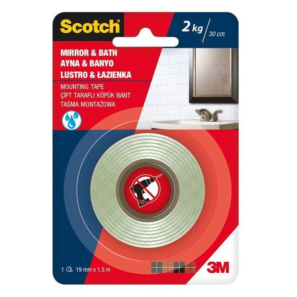 Banda Dublu Adeziva Permanenta Montare Suprafete din Baie - 3M Scotch Mirror & Bath Mounting Tape 2 kg, 19 mm x 1.5 m, 1 buc