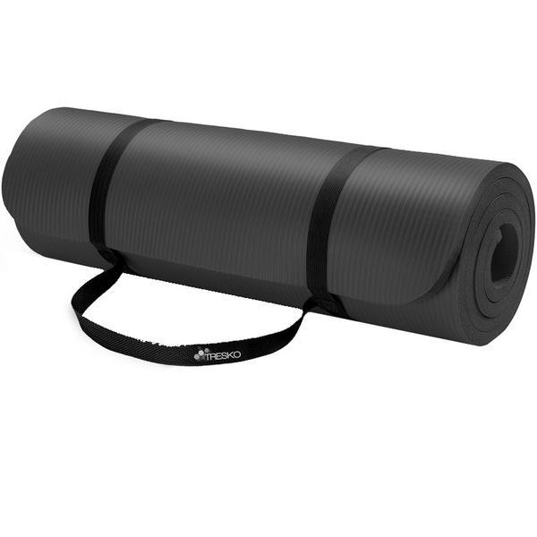 Saltea fitness, yoga, pilates, aerobic, gimnastica de sarcina si wellness TRESKO®, lavabila, curea de transport, anti-alunecare, rezistenta la uzura, 185 x 60 x 1.5 cm, negru