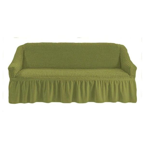 Husa pentru canapea 3 locuri, Bulsan Collection, elastica si creponata, cu volane, Verde, dimensiune 185x230cm