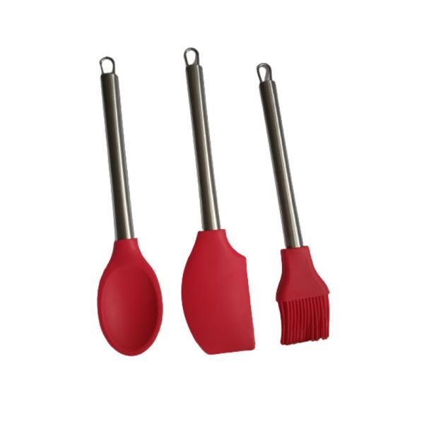 Set 3 Ustensile din Silicon si Inox pentru Gatit, Pensula, Lingura si Spatula, 30 cm