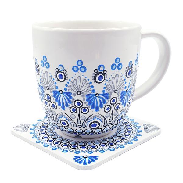 Set cana pentru cafea/ ceai cu suport din lemn, pictata manual, Sorana, Zia Fashion