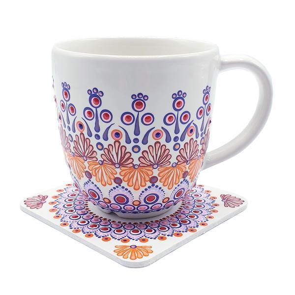 Set cana pentru cafea/ ceai cu suport din lemn, pictata manual, Sofia, Zia Fashion