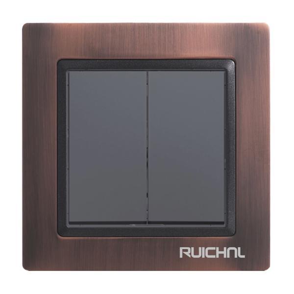 Intrerupator dublu Ruichnl RC-3504, negru, rama metal maro bronz