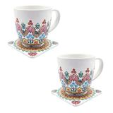 Set cani pentru cafea/ ceai cu suport din lemn, pictate manual, 2 buc/ set, Zia Fashion, Veronica