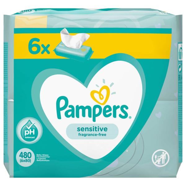 Servetele Umede pentru Pielea Sensibila a Bebelusilor - Pampers Sensitive, 6 x 80 buc