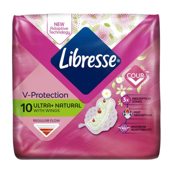 Absorbante cu Aripioare - Libresse V-Protection Ultra+ Natural with Wings, 10 buc