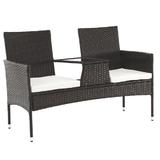 Banca de gradina cu masuta din rattan artificial maro si perne textil crem Lalit 131x60x82 cm