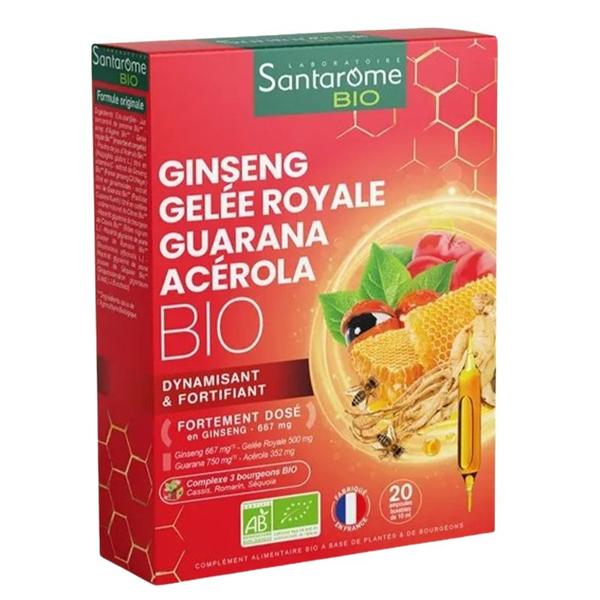 Supliment pentru Energie si Revigorare - Santarome Bio Ginseng Gelee Royale Guarana Acerola Bio, 20 fiole