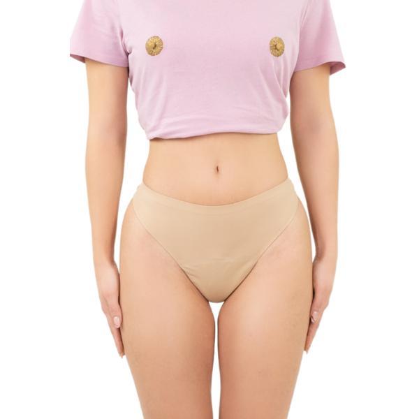 Chiloti menstruali reutilizabili Femieko, model tanga, absorbtie scazuta, culoare bej, marimea S