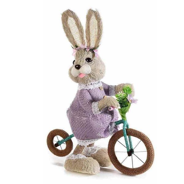 Figurina Iepuras Paste Girl cu bicicleta din fibre naturale 26x13x35 cm