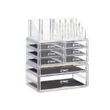 Organizator produse cosmetica, 8 sertare, suport pentru pensule, creioane si rujuri, Transparent /Auriu, Acril