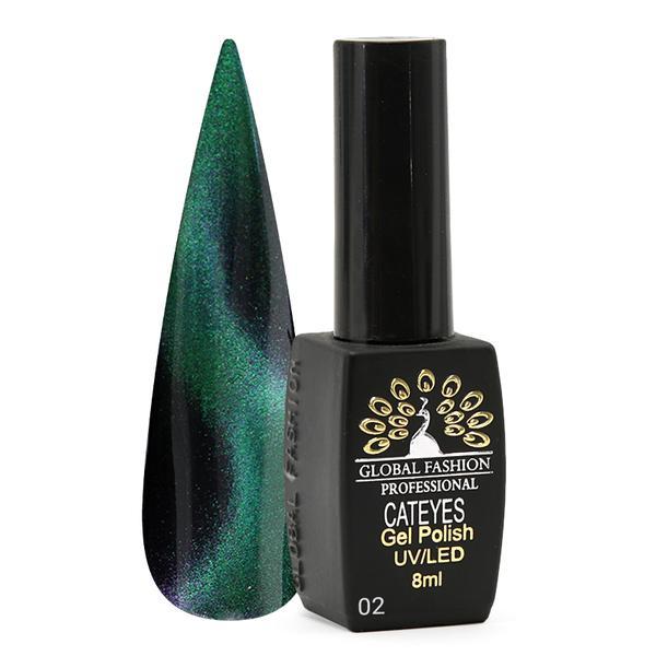 Oja semipermanenta, Global Fashion, 24D Cat Eye 8 ml, Verde 02