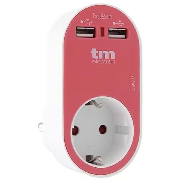 Adaptor triplu cu priza si 2 USB TM Electron TS-9935, roz