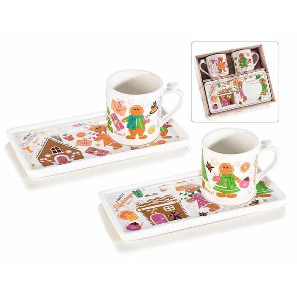 Set 2 cesti cu farfurie din portelan si cutie cadou 5x6 cm