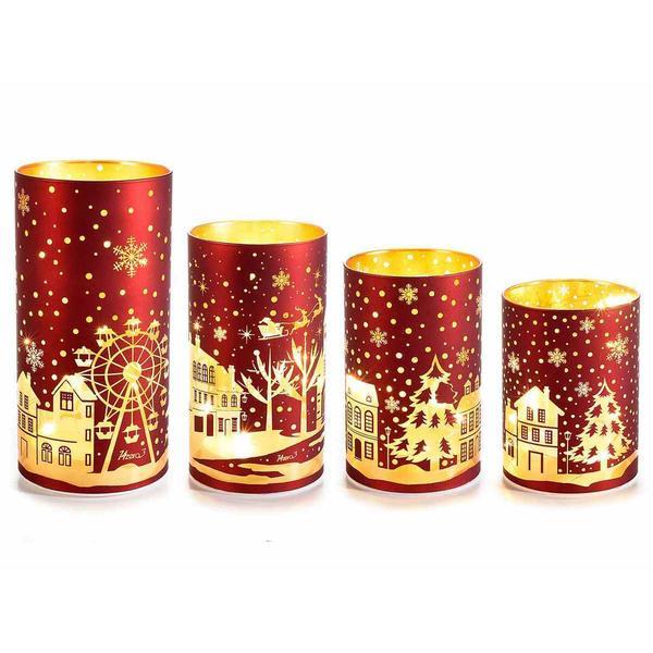 Set 4 candele Craciun sticla cu led 10x20.5 cm, 9x16 cm, 9x14 cm, 9x12 cm