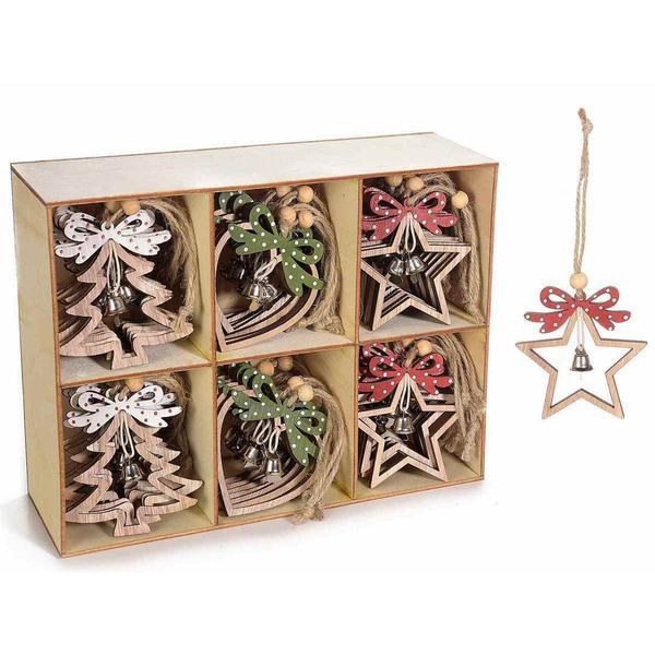 Set 36 ornamente brad din lemn natur rosu verde 7x8 cm