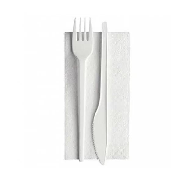 Tacamuri unica folosinta (pachet - cutit, furculita si servetel), set 100 pachete