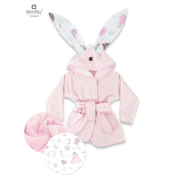 MimiNu - Halat de baie cu urechi 6 - 36 luni, Moale, Cu buzunare, Cu cordon, Din bumbac thermo fleece, Baby Shower Pink